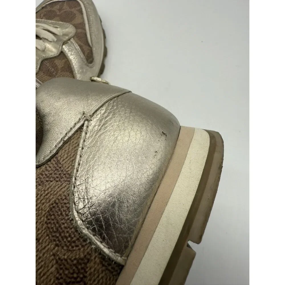 Coach C118 Runner‎ Womens Size 8.5 Gold Brown Monogram Metallic Lace Up Sneakers